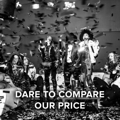 dare to compare our price, group celebration with confetti, sparklers, music speaker
