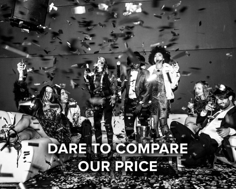 dare to compare our price, group celebration with confetti, sparklers, music speaker