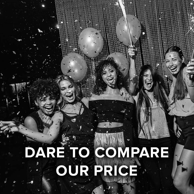 dare to compare our price, women celebrating with balloons, sparklers, confetti